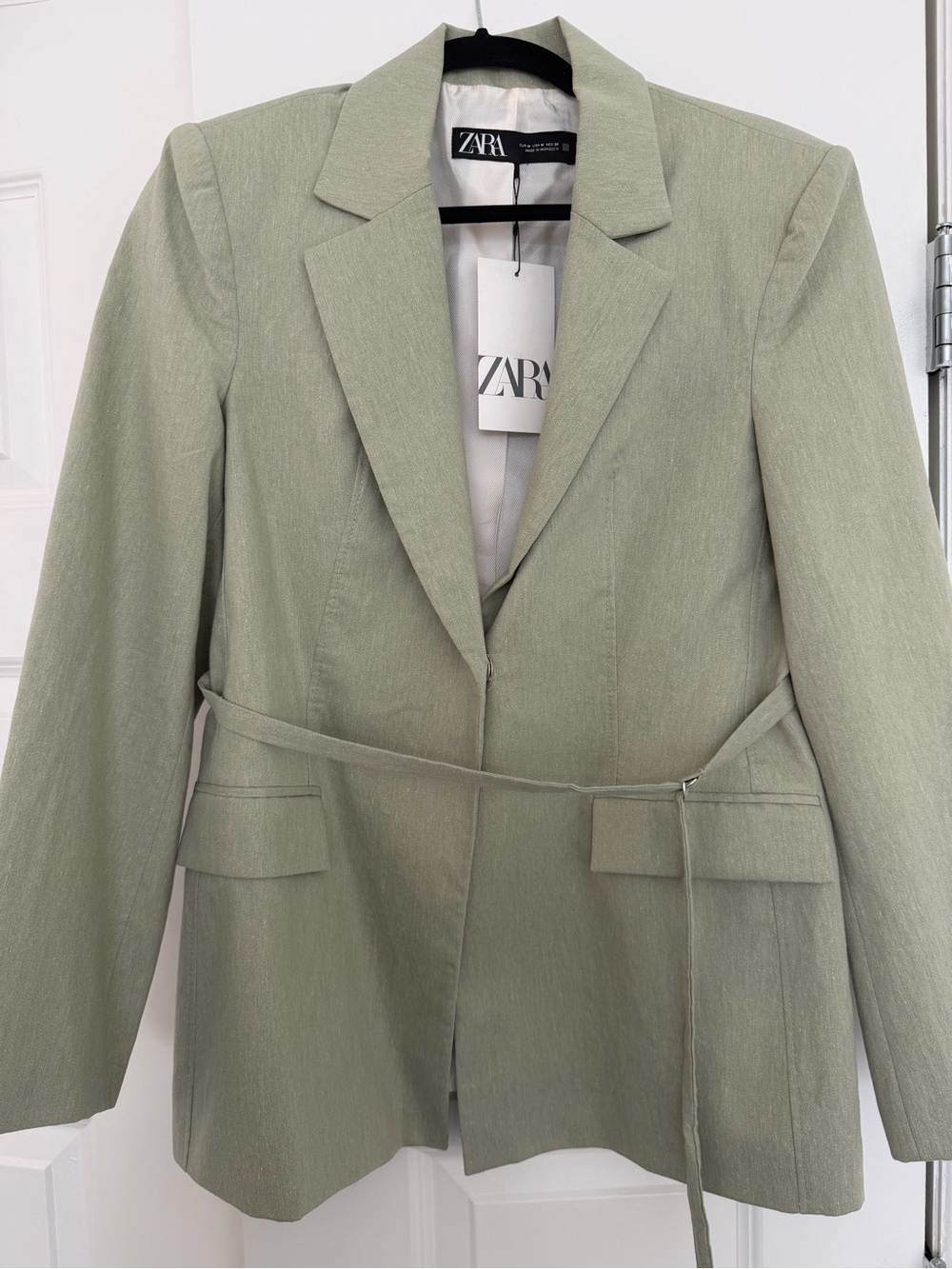 ZARA Light Sage Green Belted Blazer Jacket